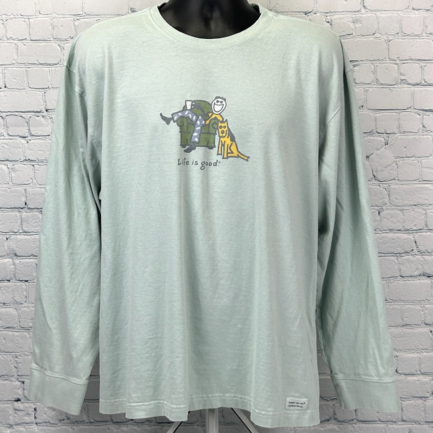 Life Is Good Dog Dad T Shirt Stick Figure Man Long Sleeve Green Mens XL X-Large - Neon Vintage