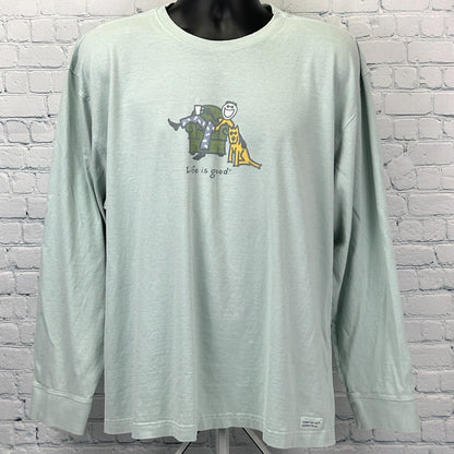 Life Is Good Dog Dad T Shirt Stick Figure Man Long Sleeve Green Mens XL X-Large - Neon Vintage