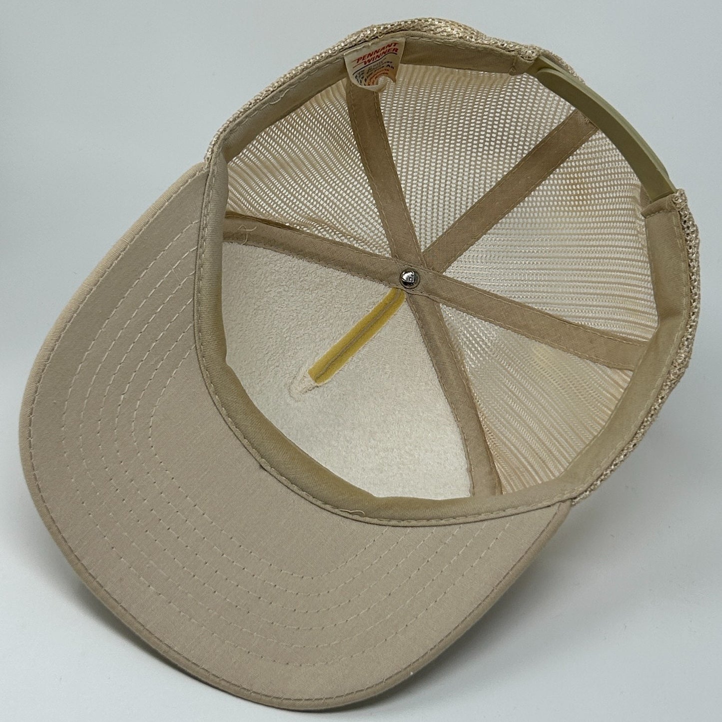 Vintage 80s Frontier Flaked Feed Trucker Hat Baseball Cap Farmer Beige Snapback - Neon Vintage