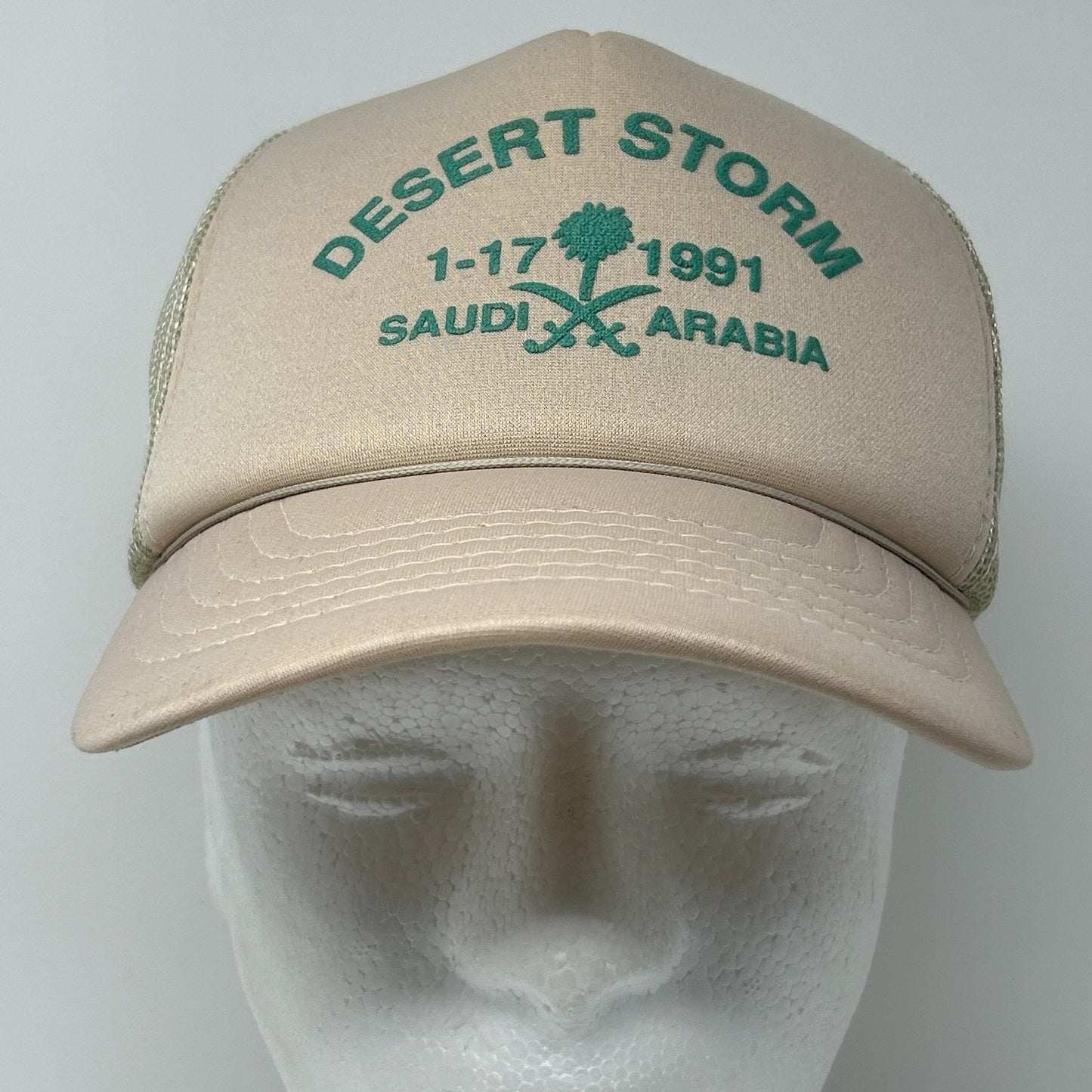 Vintage 90s Desert Storm Saudi Arabia Trucker Hat Baseball Cap Snapback Beige