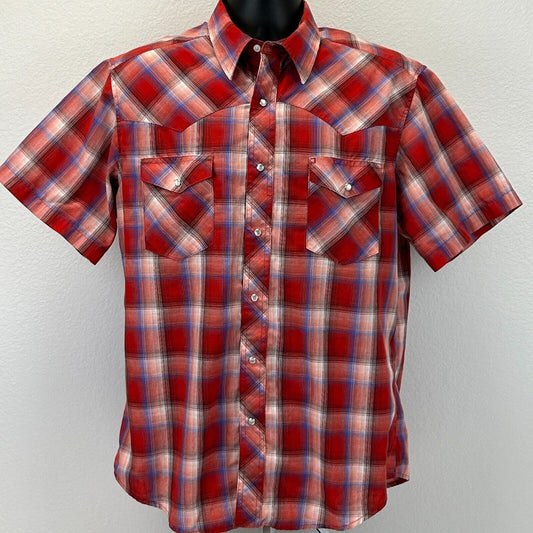 Wrangler Western Pearl Snap Shirt Mens Large Cowboy Button Front SS Plaid Red