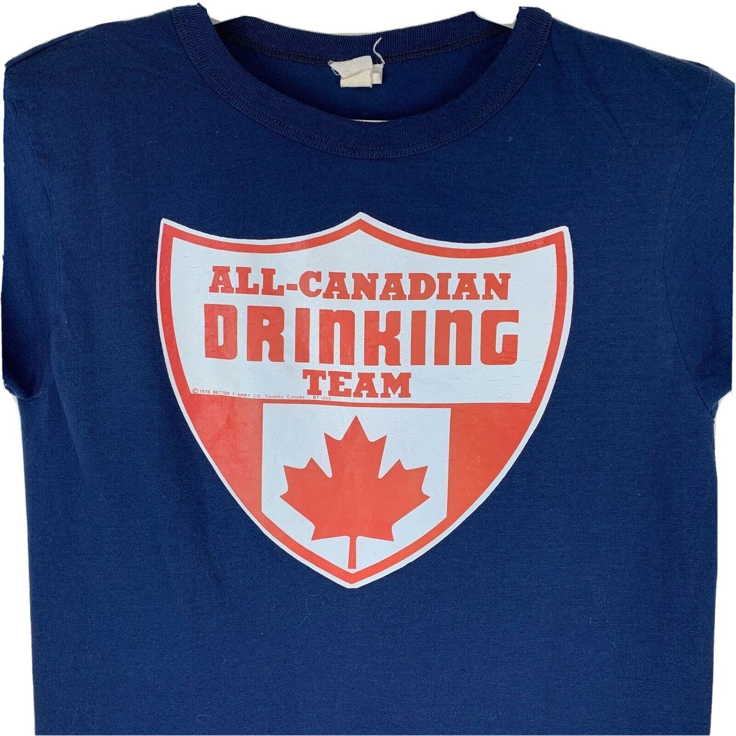 Vintage All Canadian Drinking Team T Shirt Small Canada Beer Booze 70s Mens Blue