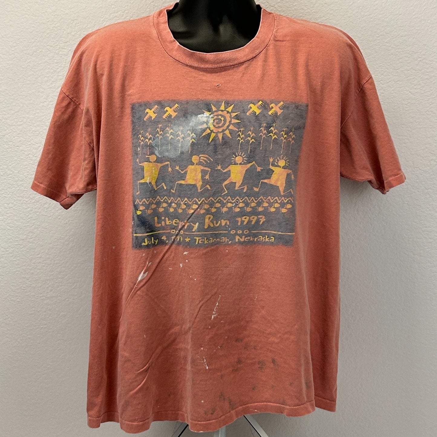 Vintage 90s Distressed Liberty Run T Shirt Tekamah Nebraska Orange XL X-Large