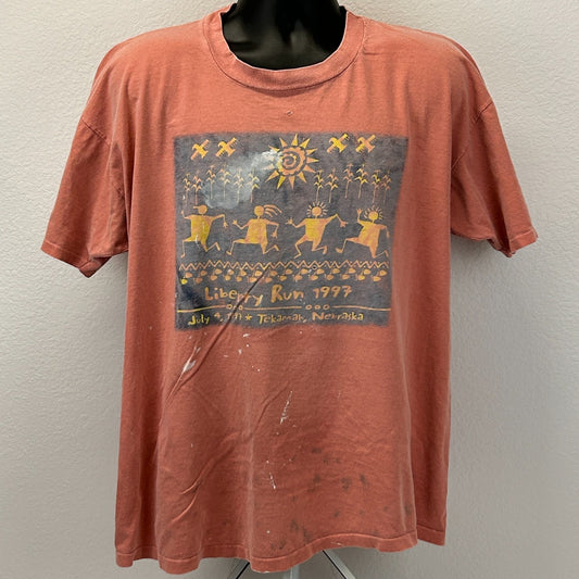 Vintage 90s Distressed Liberty Run T Shirt Tekamah Nebraska Orange XL X-Large - Neon Vintage