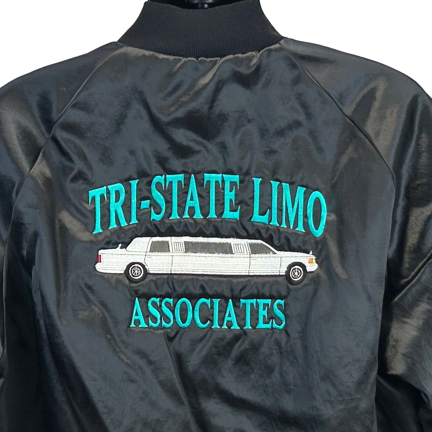 Tri-State Limousines Vintage 80s Satin Jacket Pat Black Bomber Made In USA XL