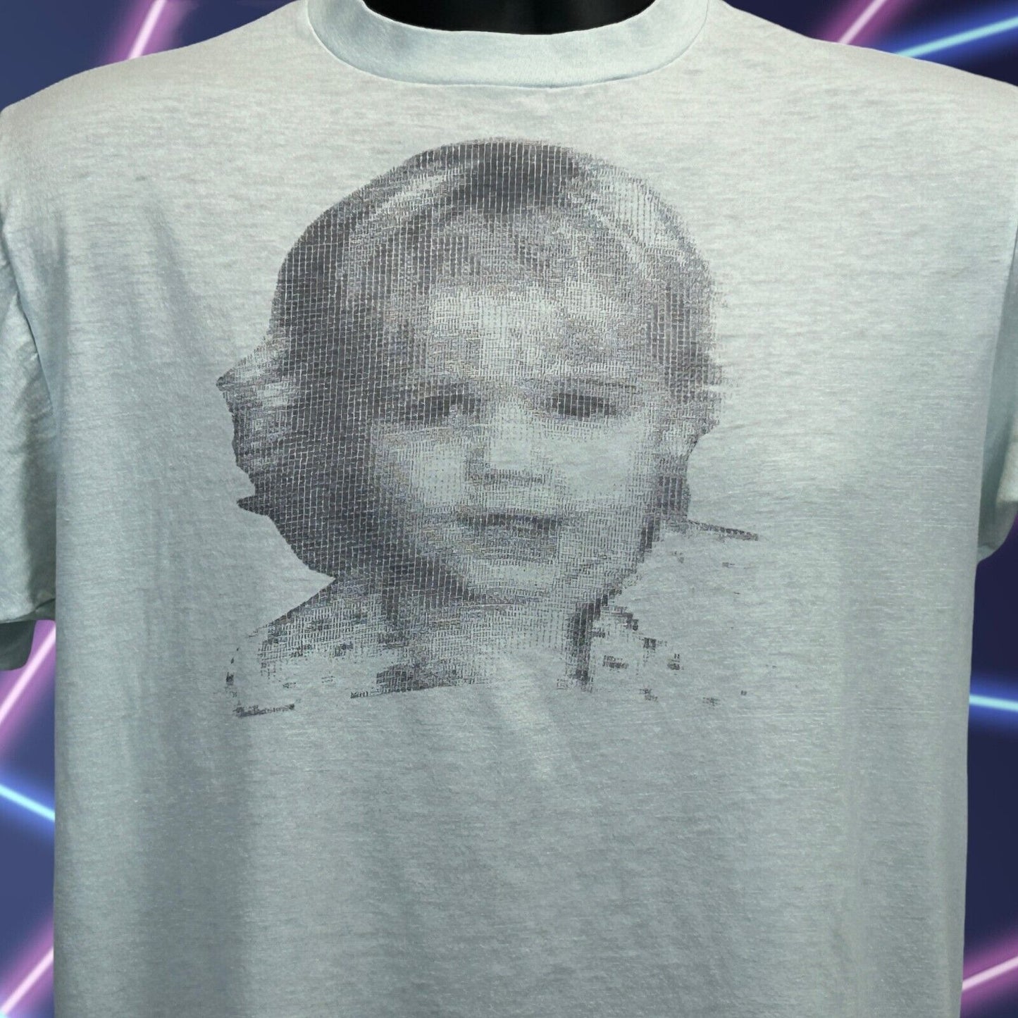 Vintage 80s Little Girl T Shirt Mens Medium Computer Dot Matrix Printed Blue