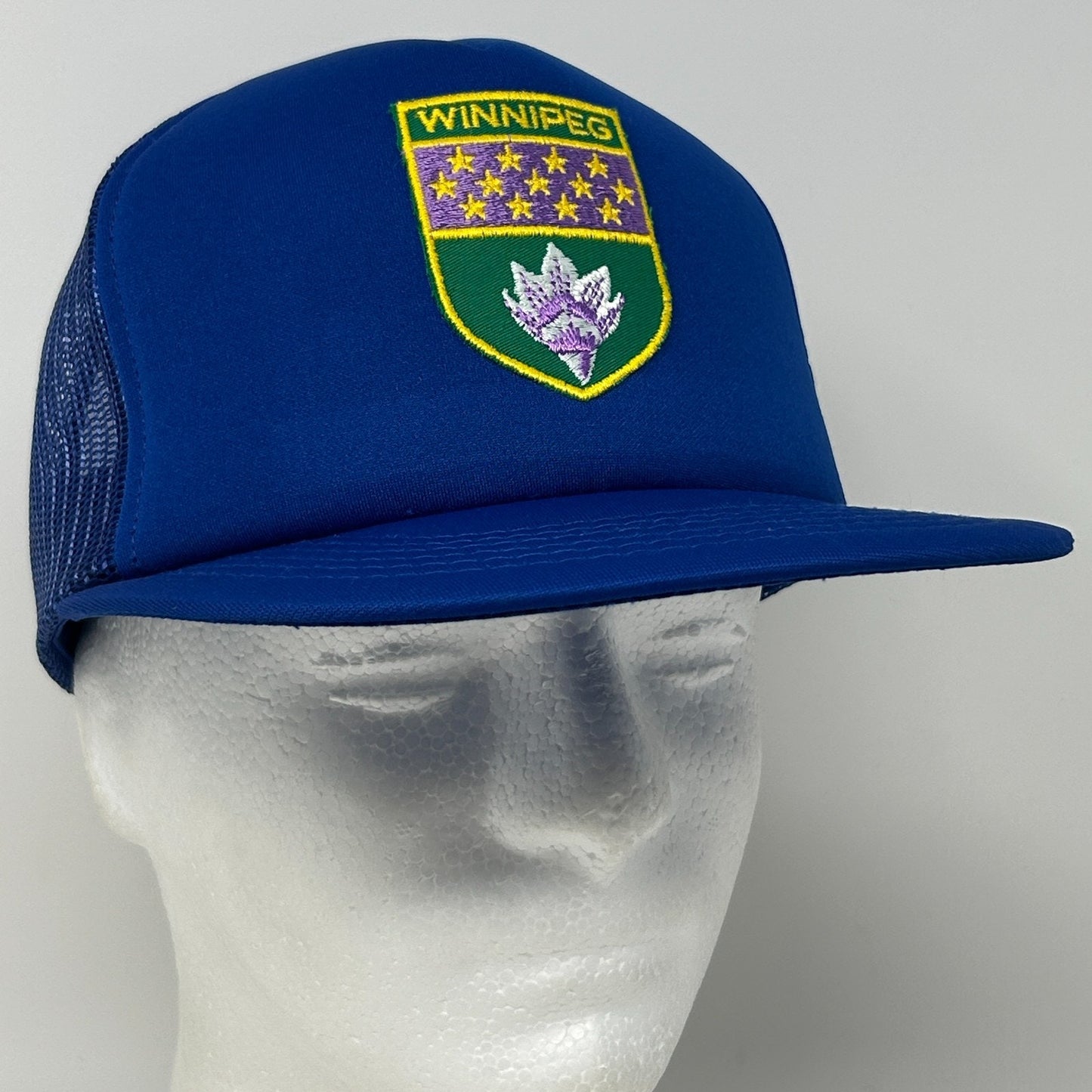 Vintage 80s Winnipeg Canada Trucker Hat Baseball Cap Canadian Blue Mesh Snapback