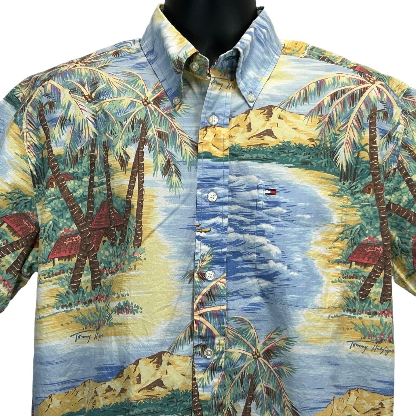 Camisa hawaiana vintage Y2K de Tommy Hilfiger con botones en la parte delantera, talla mediana, años 2000, para hombre, azul