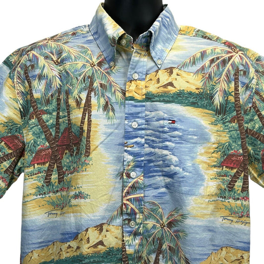 Tommy Hilfiger Hawaiian Vintage Y2Ks Button Front Shirt Medium 2000s Mens Blue