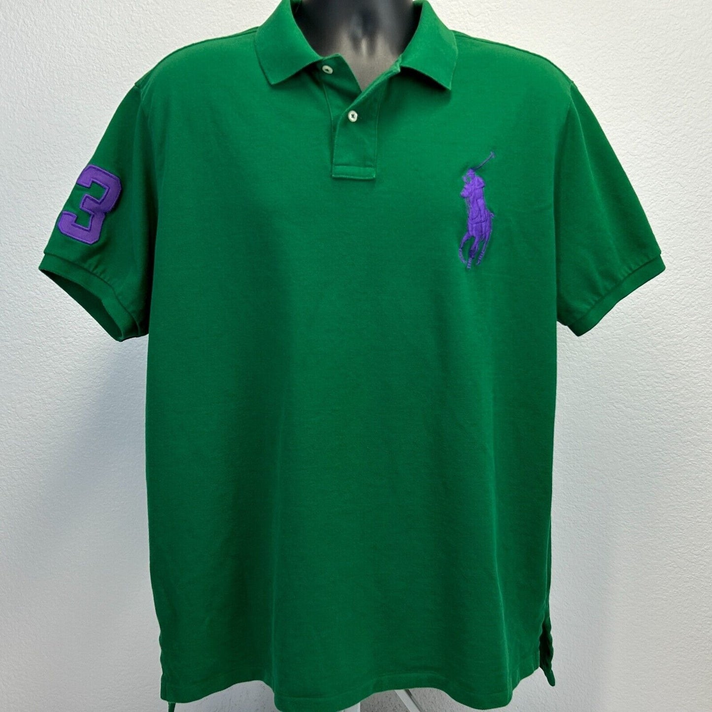 Polo Ralph Lauren para hombre XXL verde con estampado de poni morado y 3 rayas de ajuste personalizado y manga corta