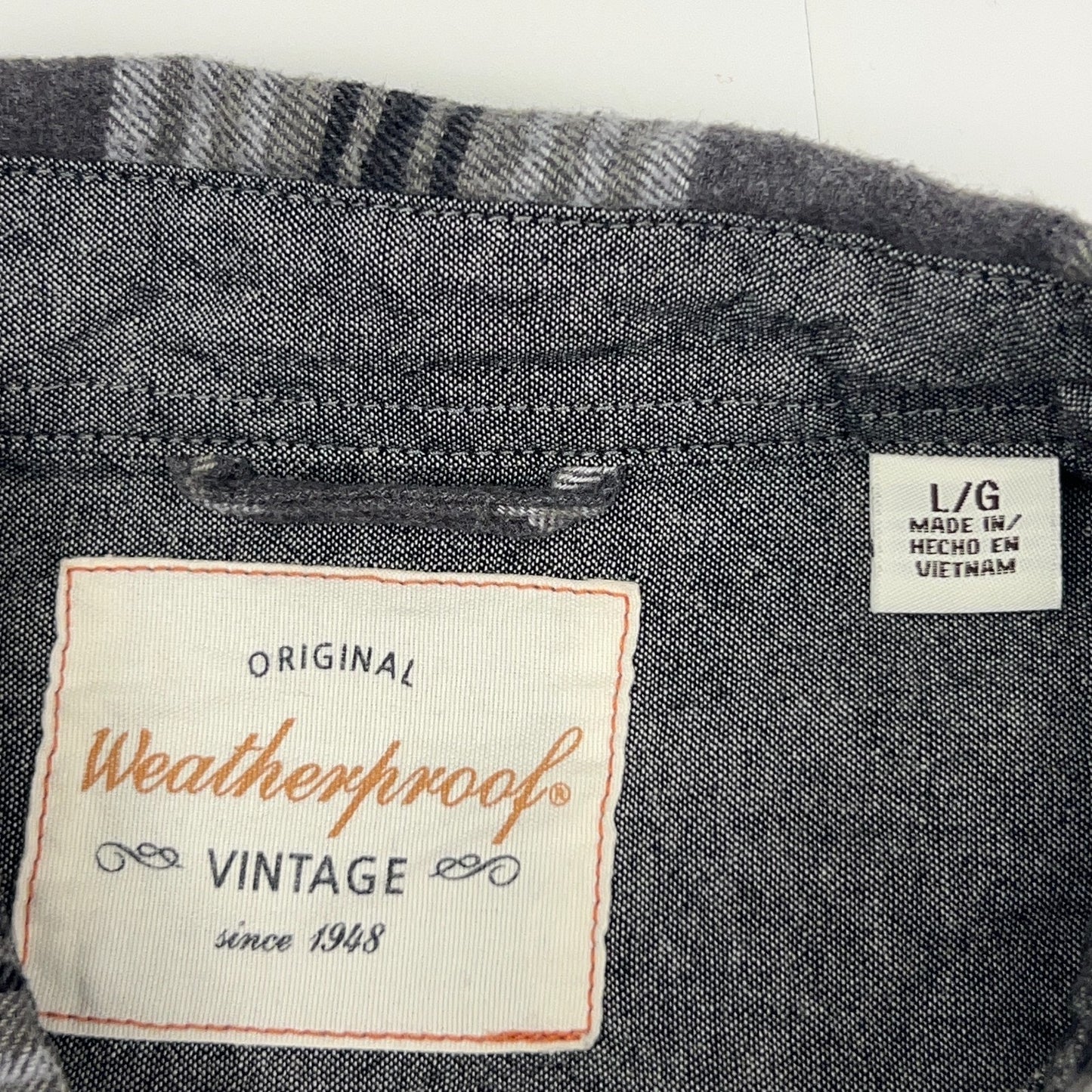 Weatherproof Vintage Flannel Shirt L Large Gray Black Plaid Button Front Cotton