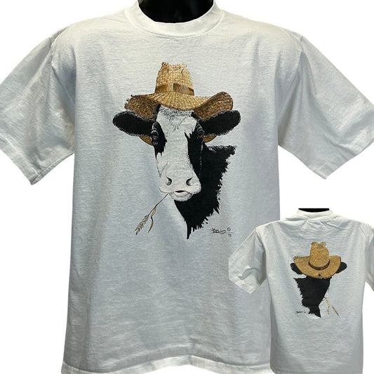 Vintage Cow Farmer T Shirt Mens Large Dairy Farm Farming Milk 90s USA Made White