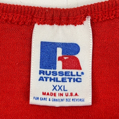 Vintage 90s Russell Athletic Henley T Shirt Red 3/4 Sleeve USA Made XL X-Large