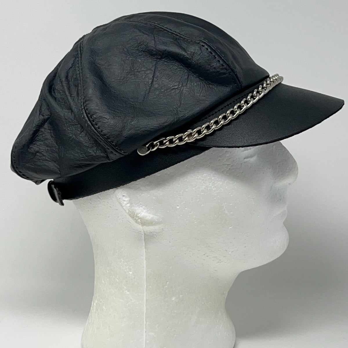 Vintage 90s Leather Captain Biker Hat Cap Black Chain Made in USA Strapback