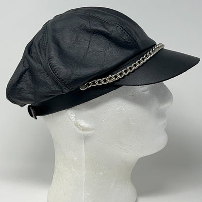 Vintage 90s Leather Captain Biker Hat Cap Black Chain Made in USA Strapback