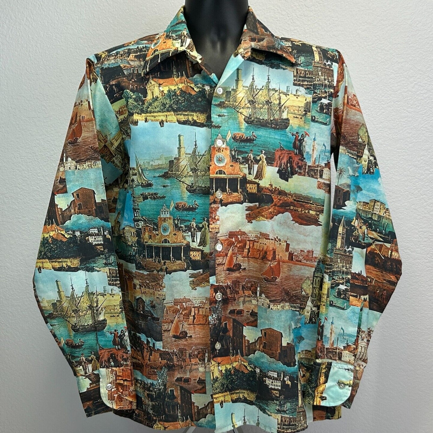 Vintage Marseille France AOP Button Front Shirt Medium 60s 70s Scenery Mens Blue