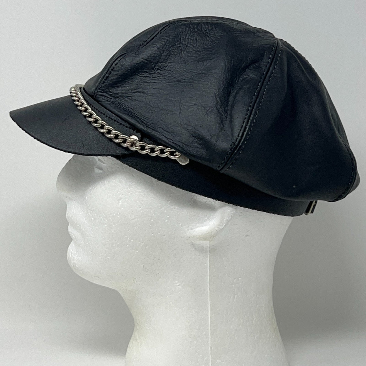 Vintage 90s Leather Captain Biker Hat Cap Black Chain Made in USA Strapback