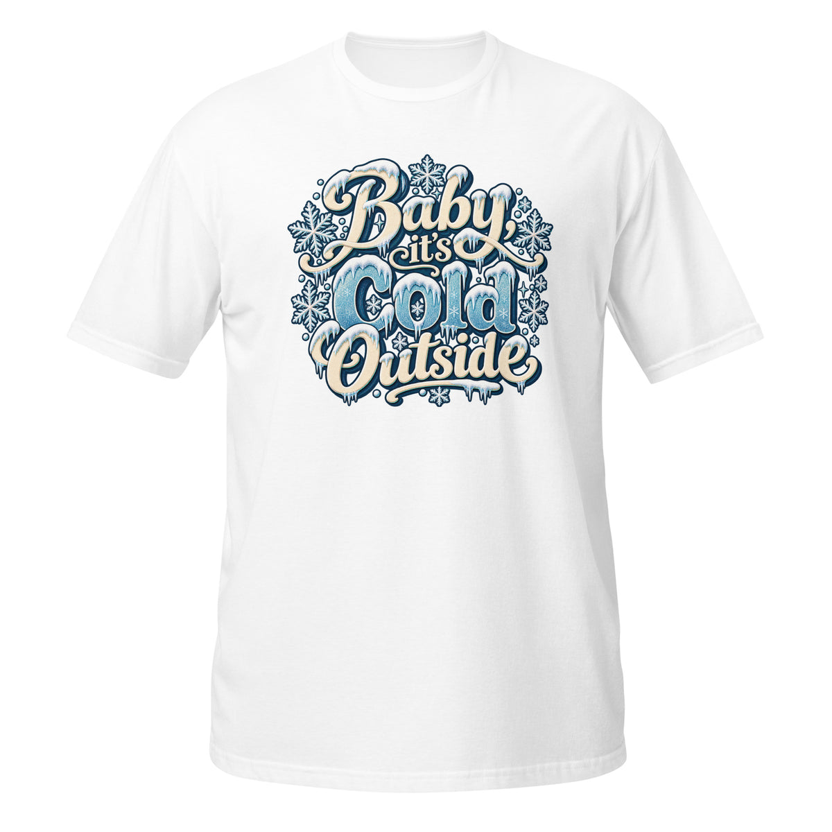 Neonvtg white T-shirt with 'Baby It's Cold Outside' winter-themed graphic design, vintage style