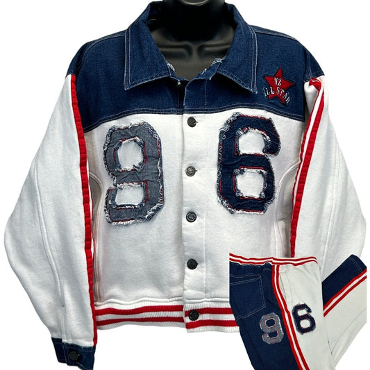 Baby Noiz Blue and White Sweatsuit featuring distressed logo details, size medium, front view with red accents