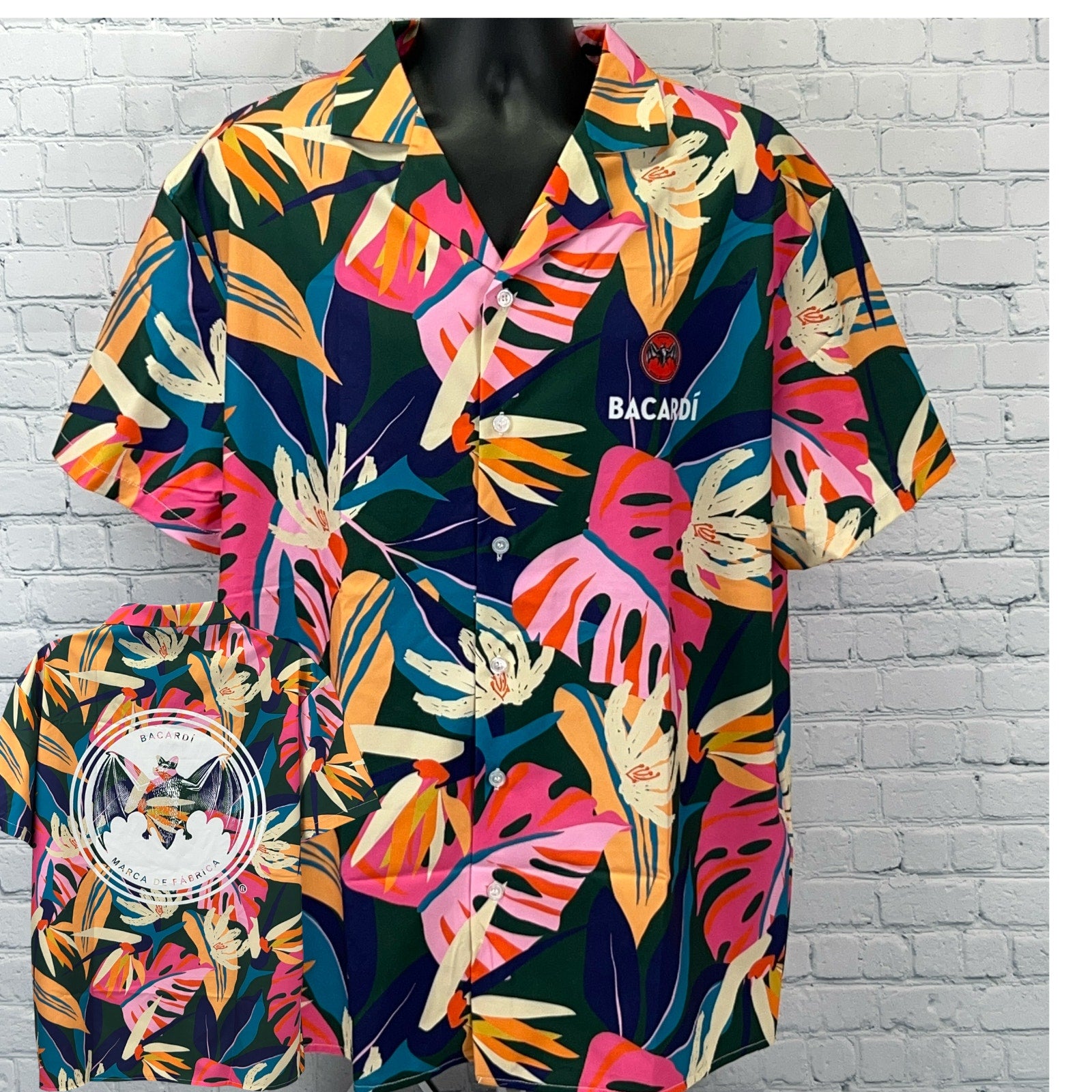 Colorful Bacardi Rum Shirt with tropical foliage print, front view featuring logo on chest