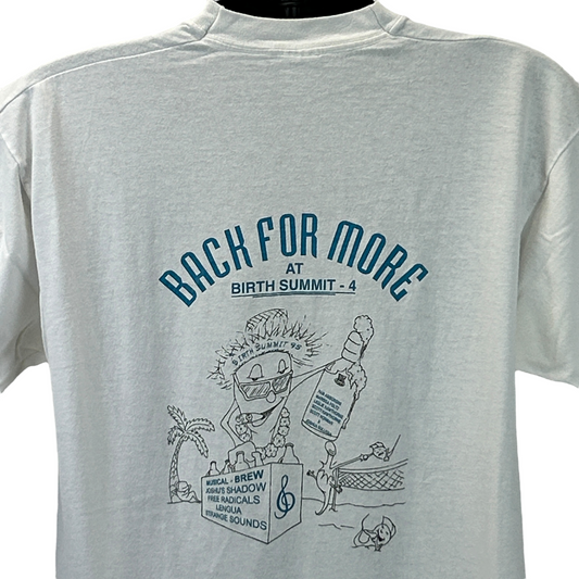White Fruit of the Loom T-shirt featuring 'Back for More at Birth Summit Free Radicals' graphic on the back