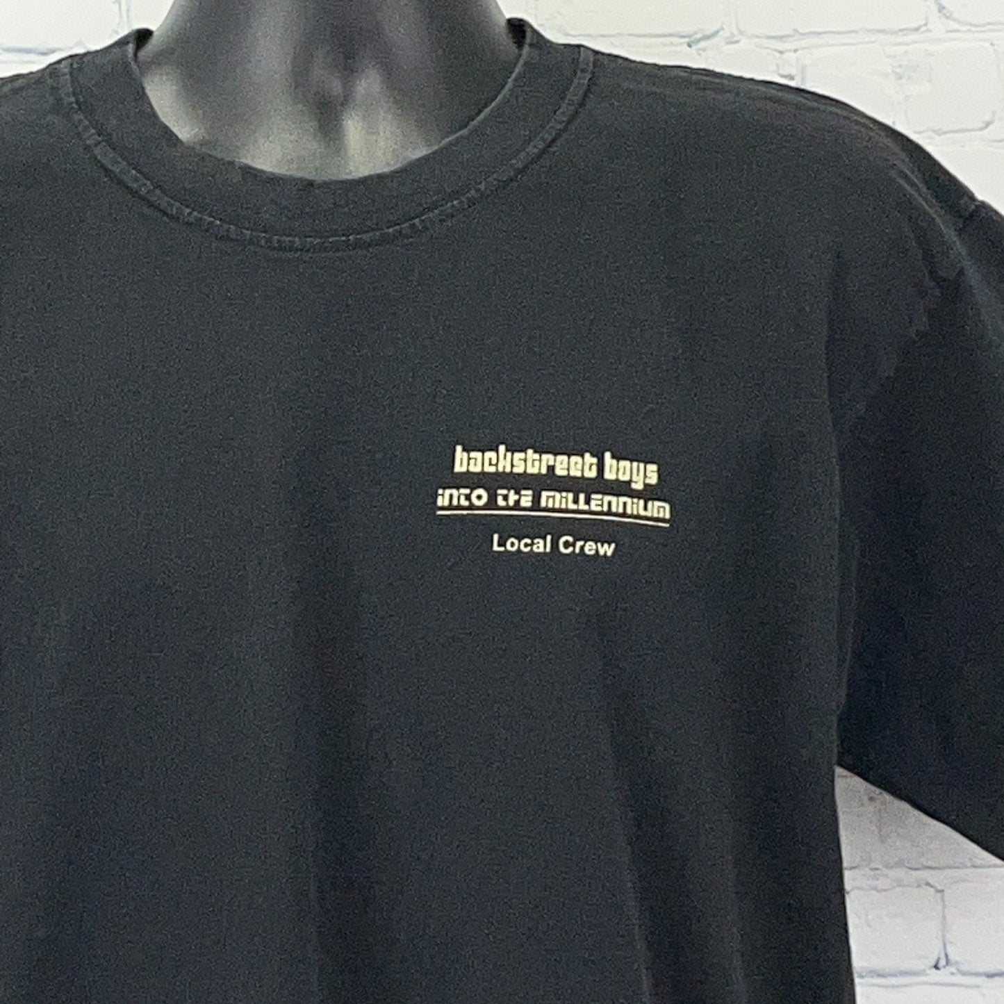 Vintage black Backstreet Boys t-shirt with local crew logo on the front, size large
