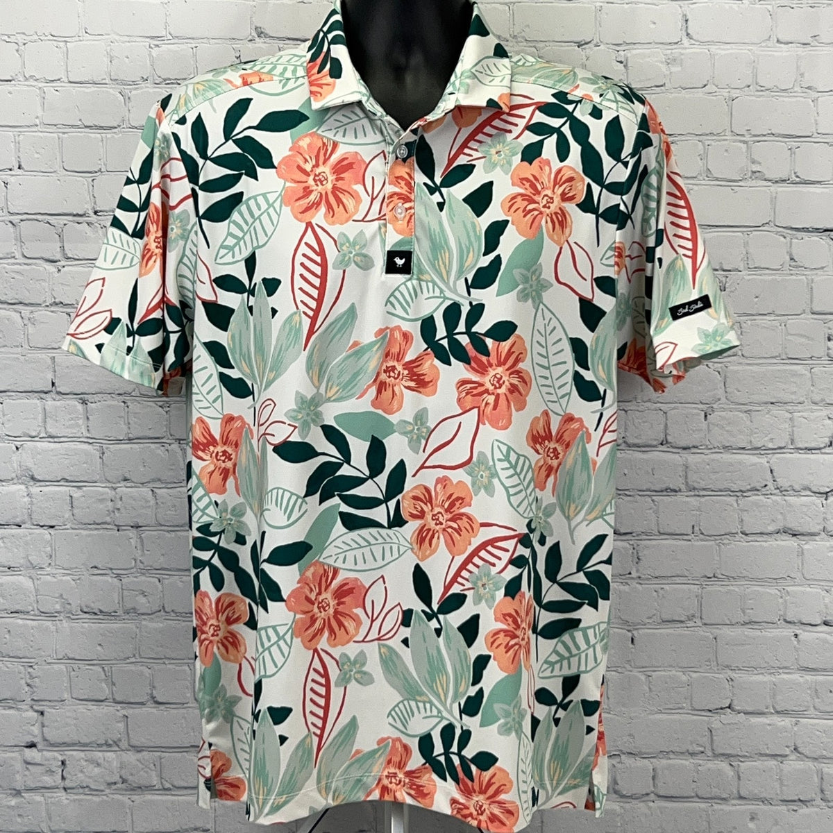 Bad Birdie Floral Golf Shirt in White with Coral and Green Patterns, Front View