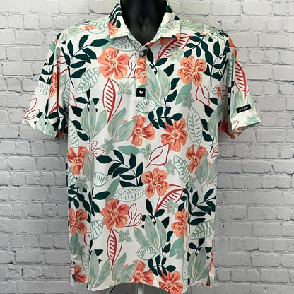 Bad Birdie Floral Golf Shirt in White with Coral and Green Patterns, Front View