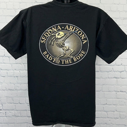 Black Sedona Arizona T-shirt featuring a skeleton graphic with 'Bad to the Bone' text