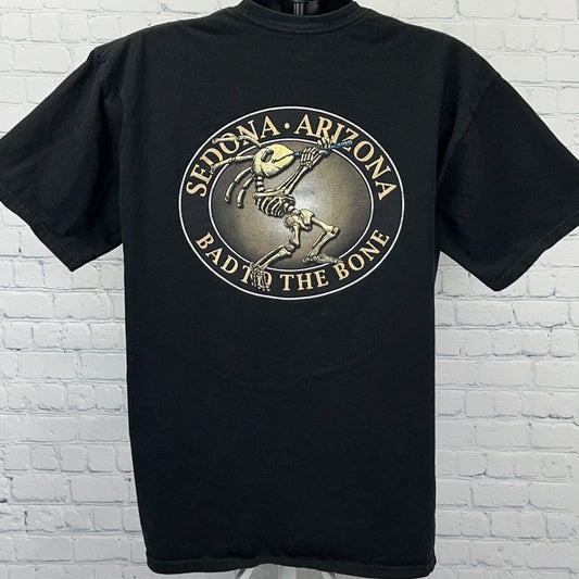 Black Sedona Arizona T-shirt featuring a skeleton graphic with 'Bad to the Bone' text
