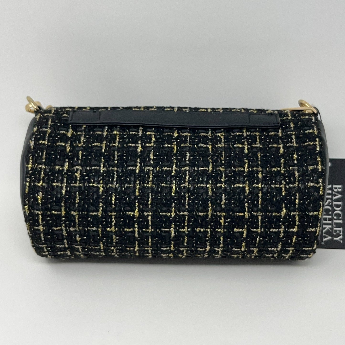 Badgley Mischka leather crossbody mini bag in black with gold accents, front view