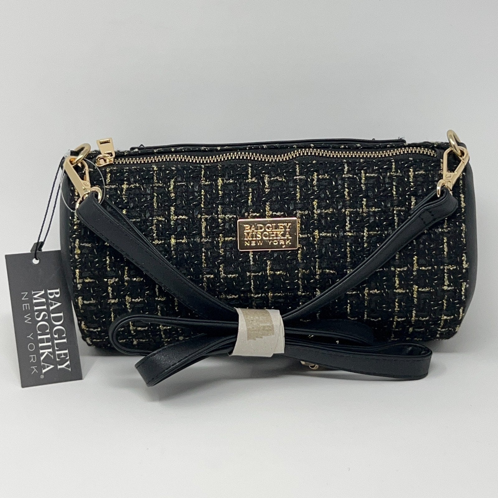 Badgley Mischka Mini Bag in Black and Gold, Front View, leather crossbody mini bag
