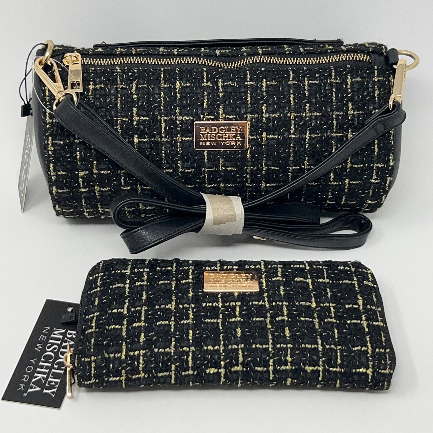 Badgley Mischka Leather Crossbody Mini Bag in Black with Gold Accents - Front View