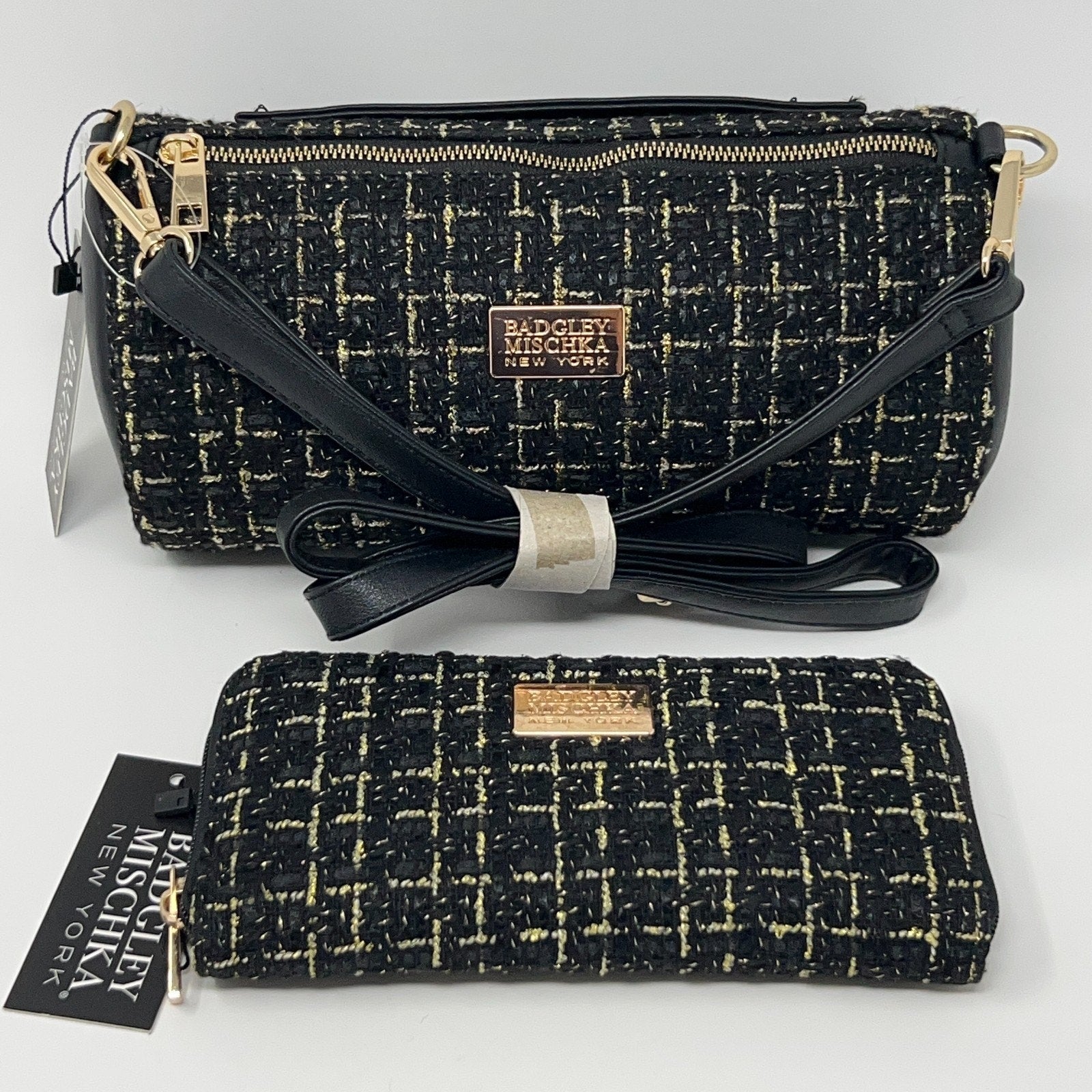 Badgley Mischka Leather Crossbody Mini Bag in Black with Gold Accents - Front View