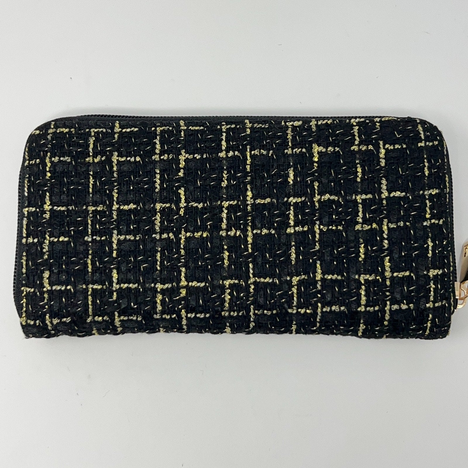 Badgley Mischka Zip Wallet in Black with Gold Thread Detail
