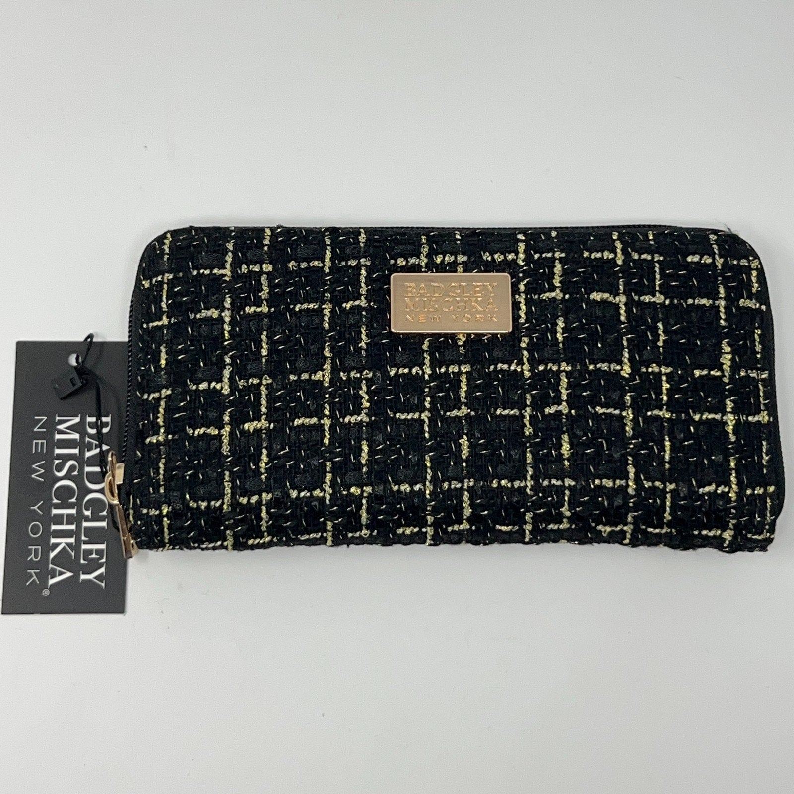 Badgley Mischka Zip Wallet in Black and Gold with Tweed Texture, Front View