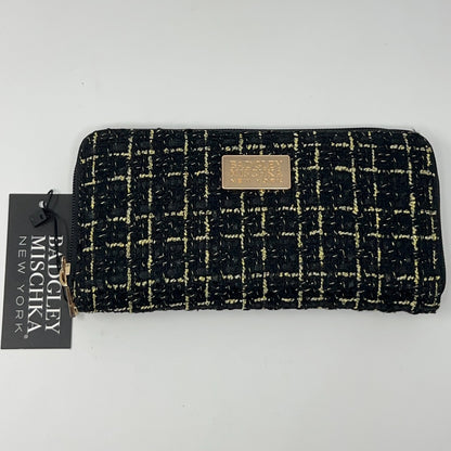 Badgley Mischka Zip Wallet in Black and Gold with Tweed Texture, Front View