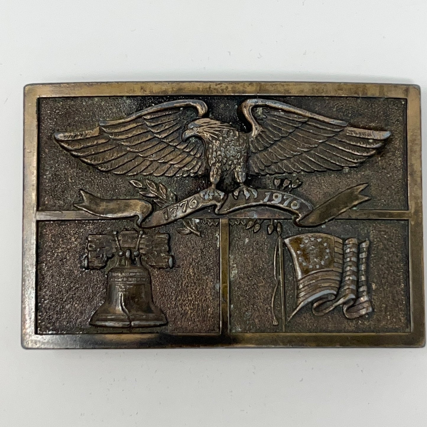 Vintage Bald Eagle Belt Buckle in Bronze with Bell and Flag Motif, Detailed Front View