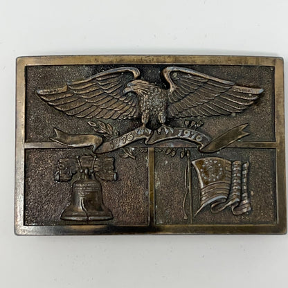 Vintage Bald Eagle Belt Buckle in Bronze with Bell and Flag Motif, Detailed Front View