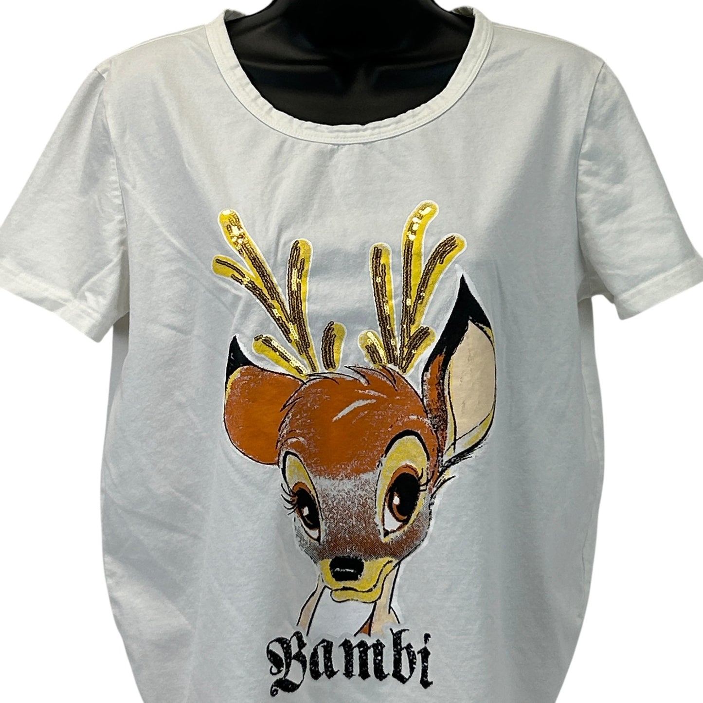 White Sugar T-Shirt featuring Bambi graphic in front, with colorful antlers and a relaxed fit.