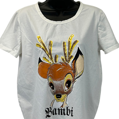 White Sugar T-Shirt featuring Bambi graphic in front, with colorful antlers and a relaxed fit.