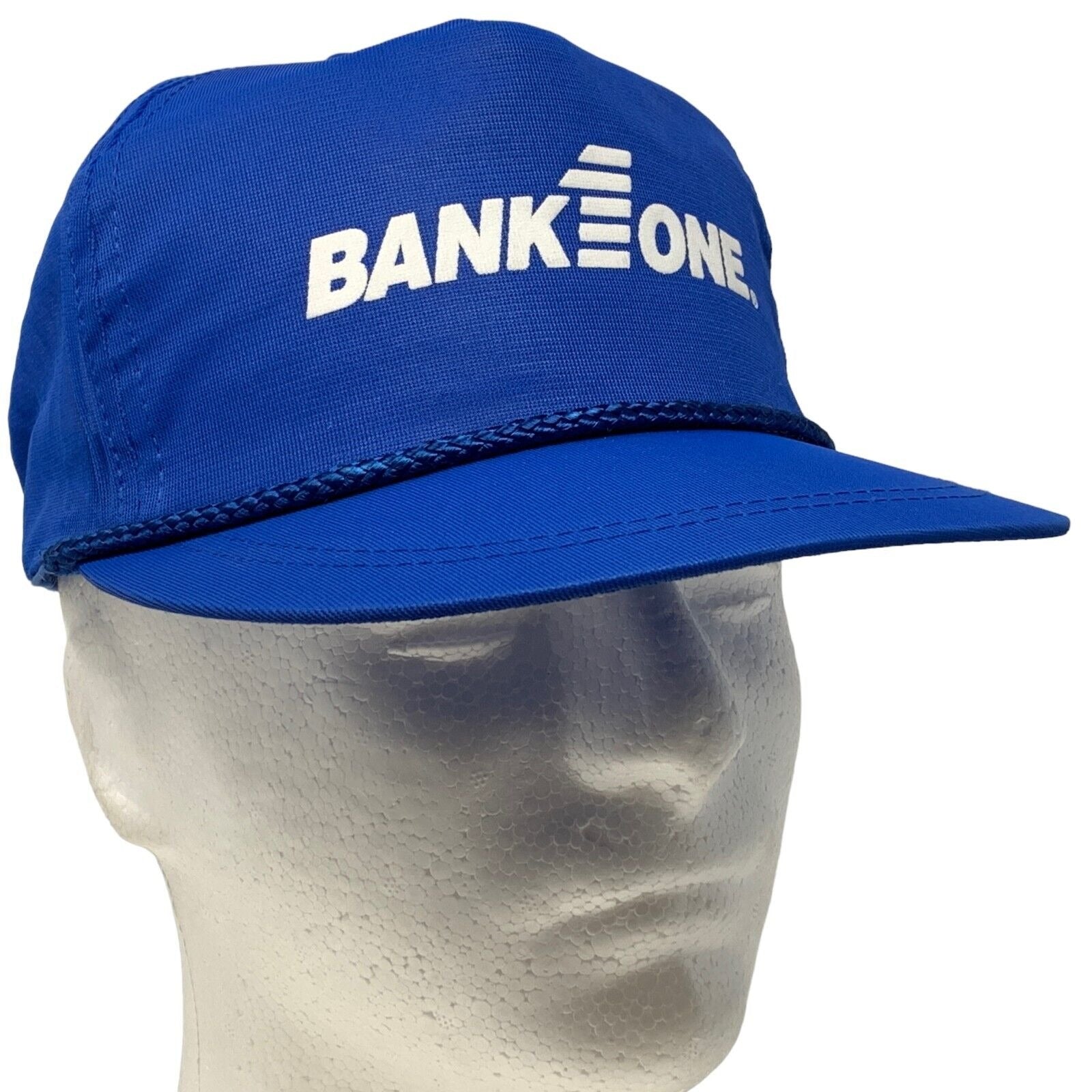 Vintage Bank One blue hat with logo, adjustable fit, side view showcasing detailing