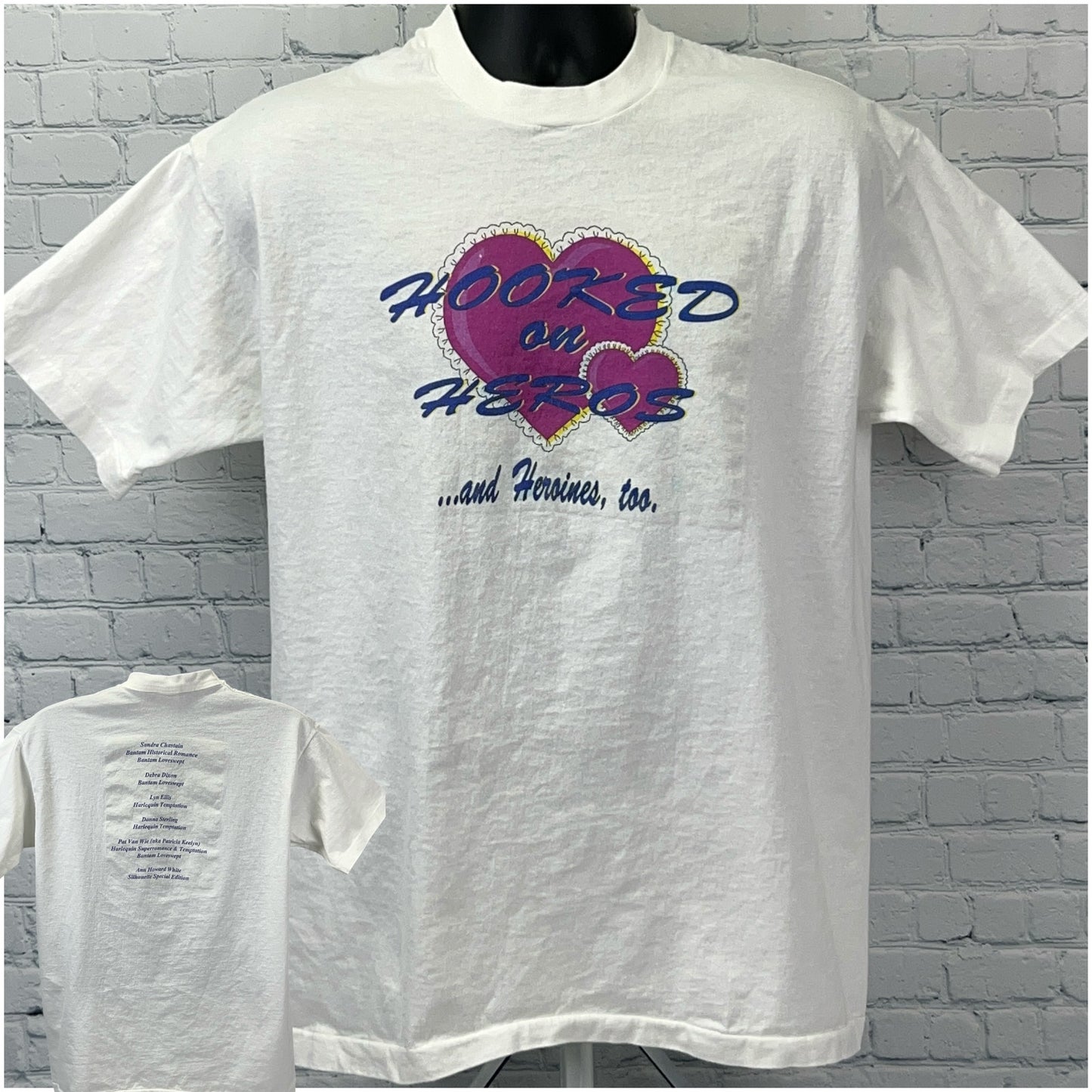 Fruit of the Loom Bantam Loveswept White T-Shirt with 'Hooked on Heroes' Graphic on Front