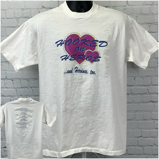 Fruit of the Loom Bantam Loveswept White T-Shirt with 'Hooked on Heroes' Graphic on Front