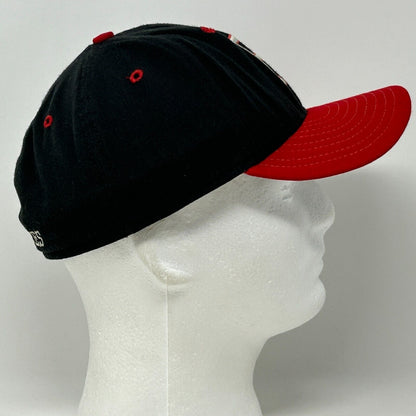 New Era vintage baseball hat black with red brim side view
