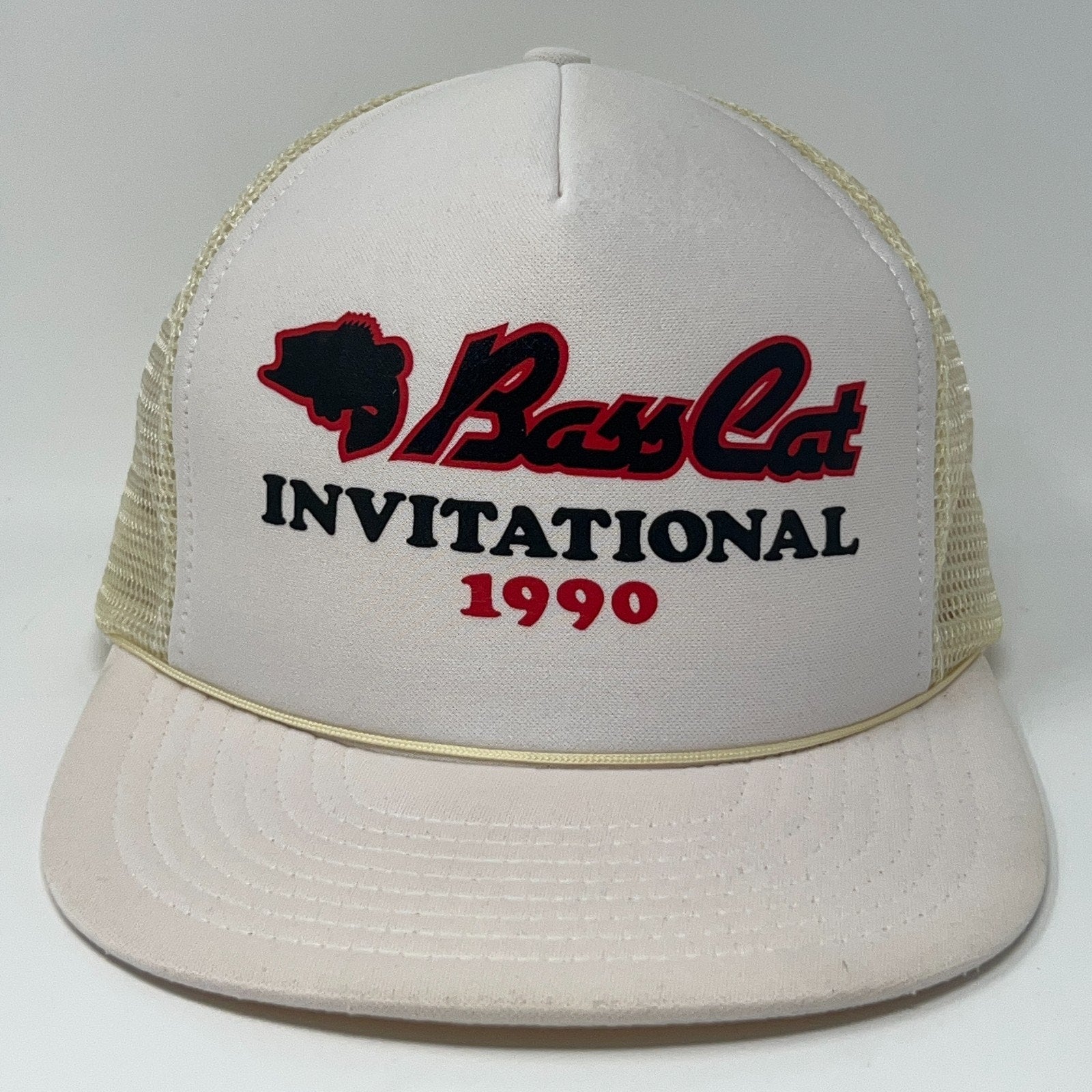 Vintage Trucker Hat in cream with BassCat Invitational 1990 logo on front for retro style