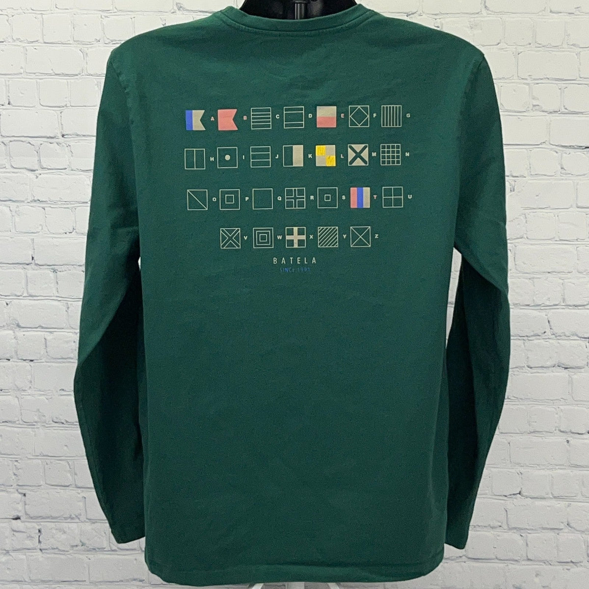 Batela long sleeve t-shirt in green featuring Nautical Signal Flags design for maritime enthusiasts