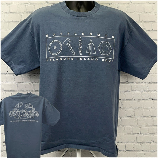 Blue Battlebots T-shirt with front graphic design and back print, featuring Treasure Island 2001 logo