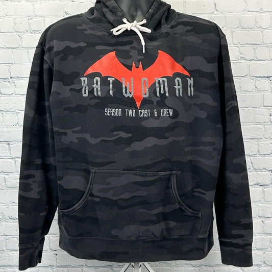 Front view of black camouflage Batwoman Hoodie featuring red logo and 'Season Two Cast & Crew' text