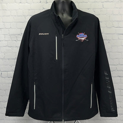 Bauer Pro Ambitions Hockey jacket in black, featuring logo and reflective details for visibility.